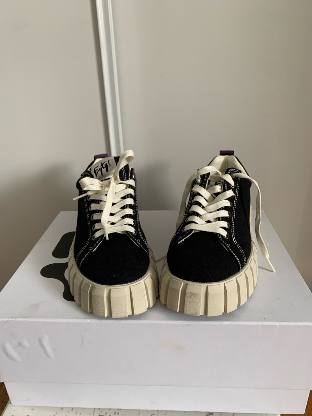 Eytys Black Canvas Platform Sneakers with Cream Soles and Purple Heel Tab - Picture 5 of 5
